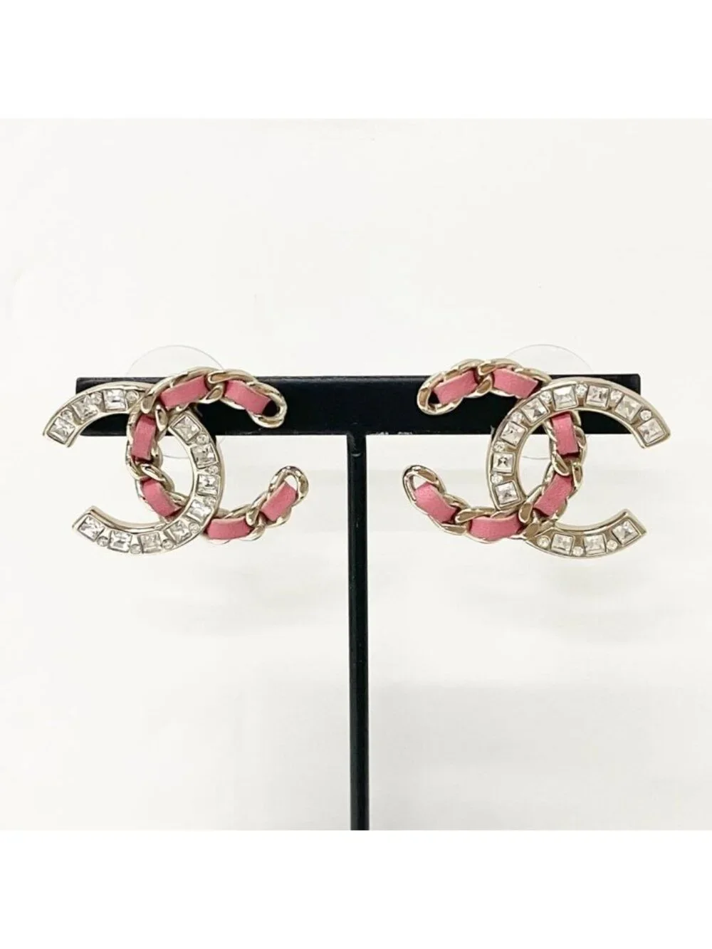 Chanel Earrings CC Logo Rhinestone Gold Pink